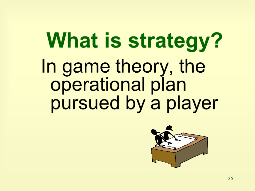 35 What is strategy? In game theory, the operational plan pursued by a player